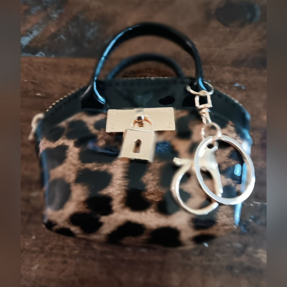 Leopard Print Mini Bag Charm with Gold Accents